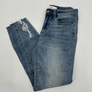 KanCan Jeans Womens 5 26 Blue Distressed Leopard Patch Knee Ripped Skinny Denim‎